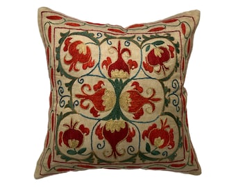 Silk Decorative Uzbek Suzani Hand Embroidered Pillow Case, 44cm x 44cm (17"x17")