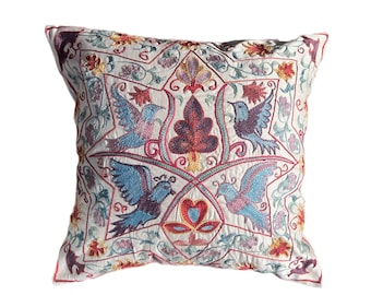 Silk Embroidered Pillow Case, Beautiful Handmade Suzani Embroidered Cushion Cover 44cm x 40cm (17"x16")