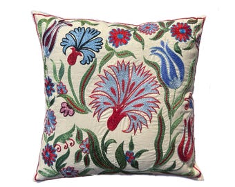 Stunning Hand Embroidered Suzani Pillow Case, Traditional Uzbek Accent Design, 44cm x 44cm (17"x17") Cushion Cover
