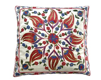 White Silk Suzani, Uzbek Handmade Embroidered Pillow Case, 48cm x 44cm  (19" x 17") Cushion Cover