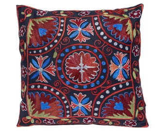 Beautiful Uzbek Suzani Hand Embroidered Colour on Black Pillow Case, Cushion 42cm x 42cm (17"x17")