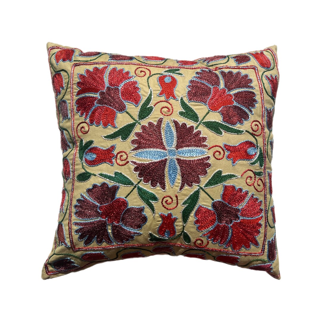 Housse De Coussin Turque Authentique 43x43cm - Broderie Main Laine Sur Coton/lin (Suzani) NEUF