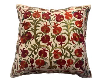 Hand Embroidered Suzani Pillow Case, Traditional Uzbek Accent Design, 44cm x 44cm (17"x17") Cushion Cover