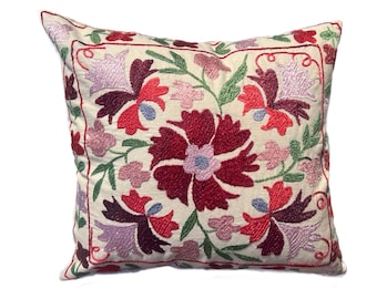 Uzbek Suzani Hand Embroidered Pomegranate Pillow Case, 44cm x 42 cm (18" x 16"), Throw Cushion Cover