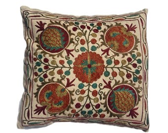 Hand Embroidered Suzani Pillow Case, Traditional Uzbek Accent Design, 44cm x 44cm (17"x17") Cushion Cover