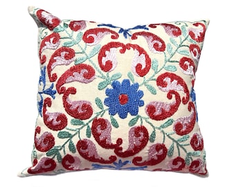 Uzbek Suzani Hand Embroidered Pillow Case, 40cm x 40cm (16"x16") Throw Cushion Cover