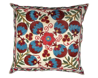 Handmade Pomegranate Suzani, Uzbek Embroidered Pillow Case, 48cm x 42cm (19" x 17") Cushion Cover