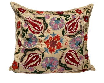 Gold Silk Uzbek Handmade Green Suzani, Embroidered Pillow Case, 46cm x 44cm  (18" x 17") Cushion Cover