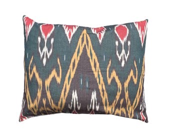 Uzbek Green Lumbar Ikat, Handmade Persian Pillow Case, 60cm x 48cm (24"x19")