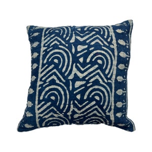 Indigo Block Print Kantha Vintage Indian Handmade Cushion Cover, 40cm x 40cm (16&quot; x 16&quot;), Handmade in India