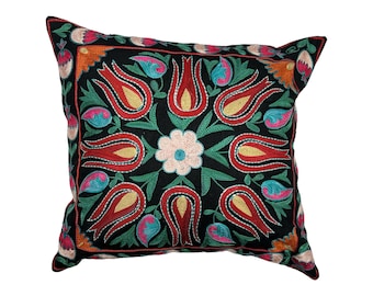 Silky Ikat Back Uzbek Suzani Embroidered Pillow Cover | Handcrafted Boho Accent for Unique Home Decor | 44cm x 44cm (17”x17”)