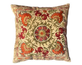 Uzbek Handmade Unique Gold Silk Backed Suzani, Embroidered Large Pillow Case, 48cm x 48cm  (19" x 19") Cushion Cover