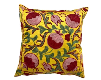 Yellow Silk Ikat Back Decorative Uzbek Suzani Hand Embroidered Pillow Case, 44cm x 44cm (17"x17")