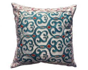 White Silk Hand Embroidered Suzani Pillow Case, 42cm x 42cm (17"x17") Bespoke Cushion Cover