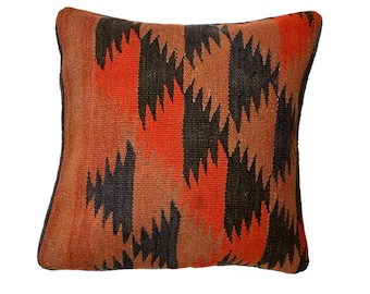 Vintage Afghan Handwoven Red Kilim Carpet Cushion Cover, 45cm x 45cm, (18" x 18")