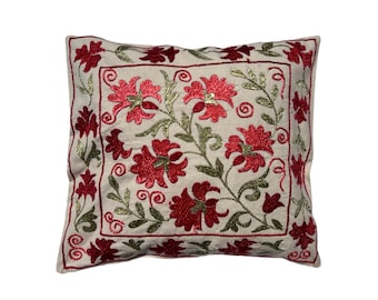 Embroidered Pillow Case, Beautiful Handmade Suzani Embroidered Cushion Cover 44cm x 40cm (17"x16")