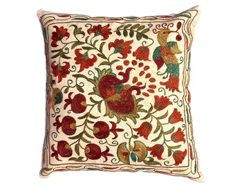 Uzbek Handmade Green Suzani, Embroidered Pillow Case, 46cm x 44cm  (18" x 17") Cushion Cover