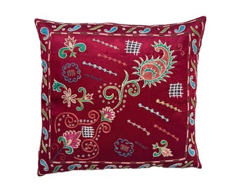 Red Silk Ikat Suzani, Uzbek Handmade Embroidered Pillow Case, 48cm x 44cm  (19" x 17") Cushion Cover