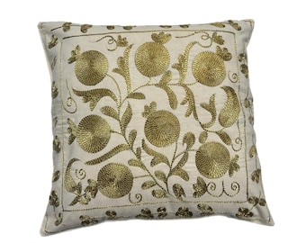 Gold Hand Embroidered Suzani Pillow Case, Traditional Uzbek Accent Design, 44cm x 44cm (17"x17") Cushion Cover