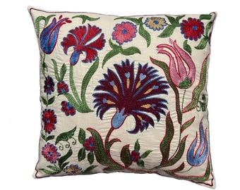 Uzbek Handmade Green Suzani, Embroidered Pillow Case, 46cm x 44cm  (18" x 17") Cushion Cover