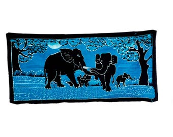 Sri Lanka Traditional Batik | Blue Elephant Wax Art | 98cm x 46cm (38&quot; x 18&quot;) | Handmade Wall Art
