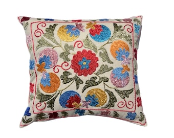 Uzbek Suzani Hand Embroidered Pomegranate Pillow Case, 44cm x 42 cm (18" x 16"), Throw Cushion Cover