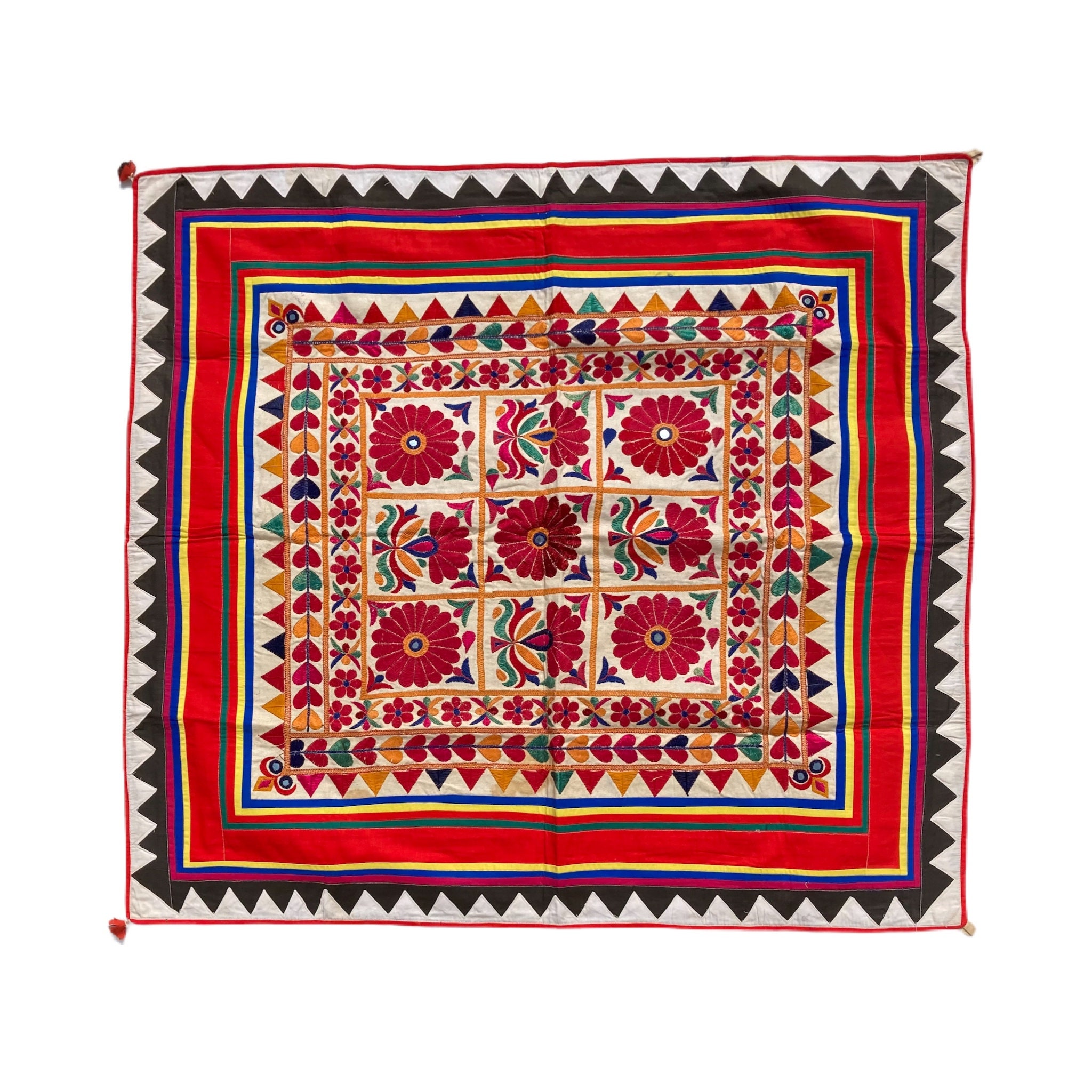 Suspension Murale Indienne Gujarati Ancienne - Tissu Fait Main, 86x89 Cm