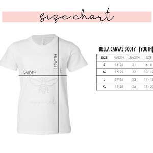 May include: A white t-shirt with a size chart, including width and length measurements in inches, for youth sizes. The chart provides measurements for sizes S, M, L, and XL. The text "size chart" is at the top.