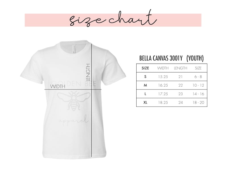 May include: A white t-shirt with a size chart, including width and length measurements in inches, for youth sizes. The chart provides measurements for sizes S, M, L, and XL. The text "size chart" is at the top.