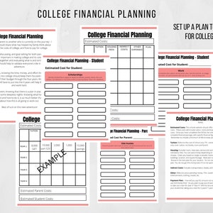 May include: A printable college financial planning worksheet with sections for estimated costs, scholarships, work, and a plan for paying for college. The worksheet includes sections for tuition, housing, indirect costs, other expenses, and a plan for saving. The worksheet is designed to help students and parents plan for the financial aspects of college.