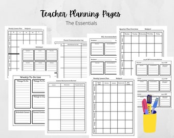 May include: Black and white printable teacher planning pages with titles like "Weekly Lesson Plan", "Lesson Resources & Review", "Weekly To-Do List", "Parent Communication Log", "Quarter Plus Overview", and "ELL Accommodations".