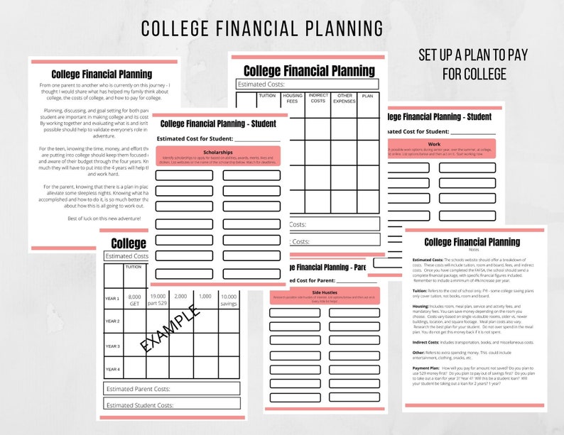 May include: A printable college financial planning worksheet with sections for estimated costs, scholarships, work, and a plan for paying for college. The worksheet includes sections for tuition, housing, indirect costs, other expenses, and a plan for saving. The worksheet is designed to help students and parents plan for the financial aspects of college.