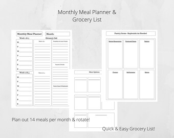 May include: A printable monthly meal planner and grocery list template. The template includes sections for planning meals for two weeks, a grocery list, and a pantry inventory. The text "Plan out 14 meals per month & rotate!" and "Quick & Easy Grocery List!" is included.