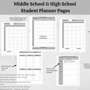 May include: A student planner page design with the text "Middle School & High School Student Planner Pages." The design includes weekly and daily planner templates, a to-do list, and study skills notes. The planner pages are designed to help students stay organized.