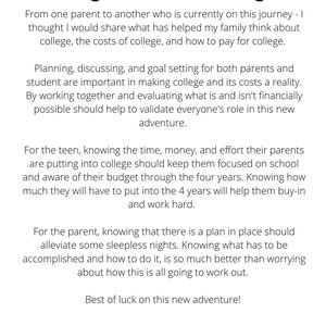 May include: A text-based infographic with the title "College Financial Planning" and advice for parents and students on how to plan for college financially.