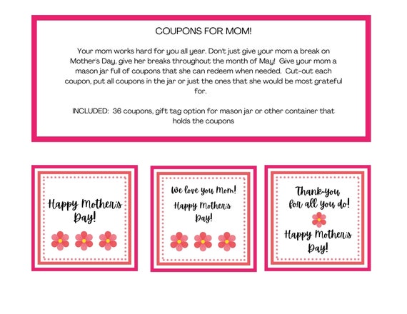 Mother's Day Coupons/coupons for Mom/coupons/mother's - Etsy