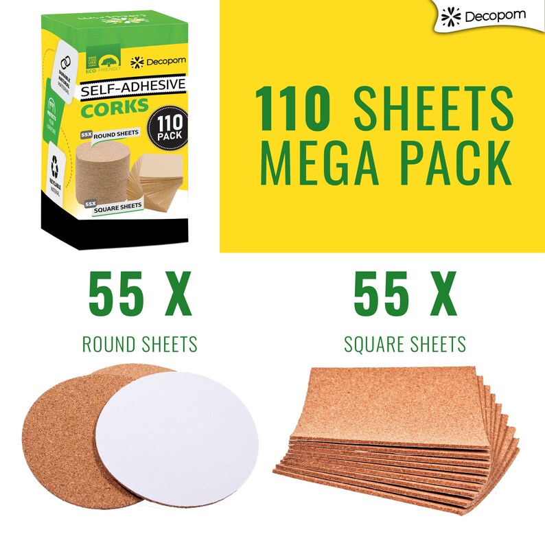 Self Adhesive Cork Squares and Round Premium 110 Pack Mini Corks 4 X 4