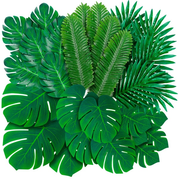 Palm Leaves Artificial Tropical Monstera - 108 Pcs 6 Kinds Large Small Green Fake Palm Leaf Decorations with Stems Safari Jungle Hawaiian