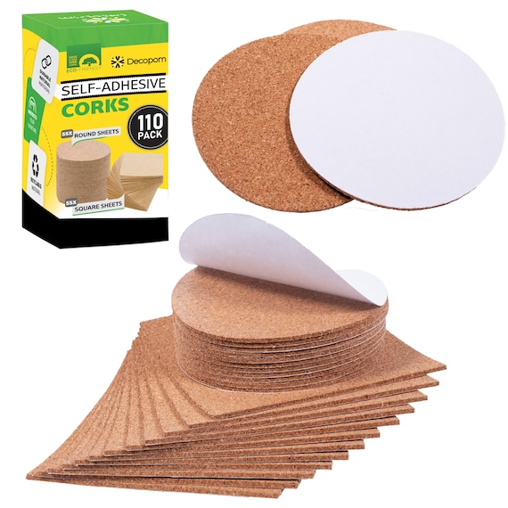 Self Adhesive Cork Squares and Round Premium 110 Pack Mini Corks 4 X 4  Board Sheets Tiles With 1/8 Thickness Natural Corkboard Mats 