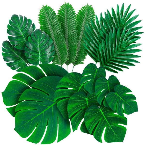 Palm Leaves Artificial Tropical Monstera - 84 Pcs 6 Kinds Large Small Green Fake Palm Leaf Decorations with Stems for Safari Jungle Hawaiian