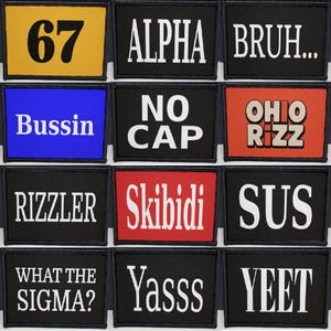 Puede incluir: Una colección de parches con varios diseños de texto. Los parches presentan frases como "67", "ALPHA", "BRUH...", "Bussin", "NO CAP", "OHIO RIZZ", "RIZZLER", "Skibidi", "SUS", "WHAT THE SIGMA?", "Yasss" y "YEET". Los parches tienen un borde negro.