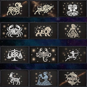 May include: A collection of rectangular patches featuring white zodiac symbols and names on a black background. Each patch displays a different astrological sign, including Aries, Taurus, Gemini, Cancer, Leo, Virgo, Libra, Scorpio, Sagittarius, Capricorn, Aquarius, and Pisces.