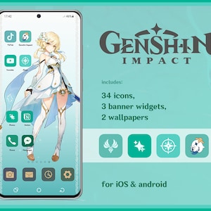 May include: A smartphone screen shows a Genshin Impact theme, including 34 icons, 3 banner widgets, and 2 wallpapers. The theme is set against a teal background, with the game's logo displayed.