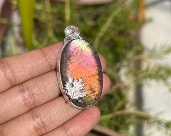 Elegant and flashy orange unique pink labradorite pendant, free-hand soldered and ooak