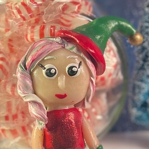 Elf Girl Christmas Ornament, Polymer Clay, Chibi Kawaii Sculpture