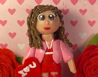 Valentines Day Girl Figurine, Hand Sculpted Polymer Clay Chibi