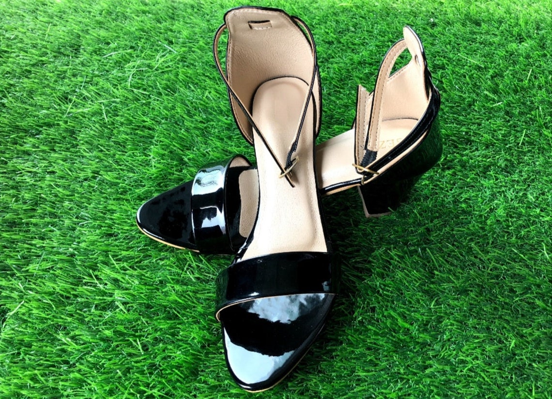 Black Open-Toe Suedette Strap Block Heel Sandals | Etsy