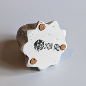 May include: White ceramic planter with a speckled finish and a starburst shape. The planter has a cork bottom and the words "Bamboo Grove" printed on the bottom.