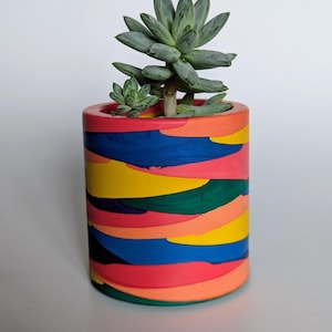 May include: A colourful, cylindrical plant pot with a succulent. The pot is decorated with horizontal bands of bright colours, including red, blue, yellow, and orange. The succulent has green-grey leaves.