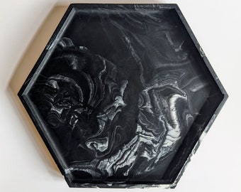 Large Tray, Black Marble Jesmonite, Hexagon